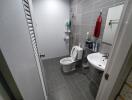 Modern bathroom with gray tiles, sink, and toilet