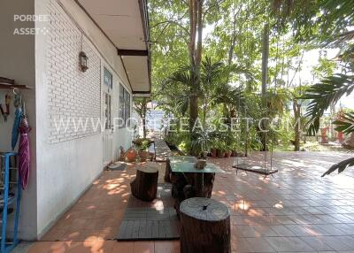 Outdoor seating area with plants and trees