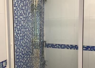 Modern shower area with mosaic tiles and water heater