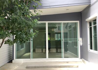 Patio area with sliding glass doors