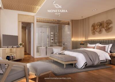 Modern luxurious bedroom with wood flooring and stylish decor