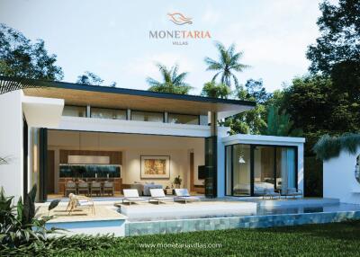 Modern villa exterior with pool and garden