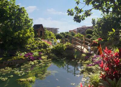 Beautiful garden with pond and bridge