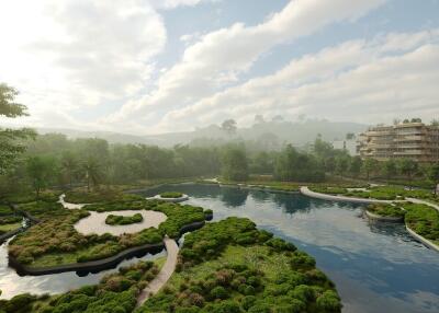 Beautiful landscape with water features and modern buildings in the background