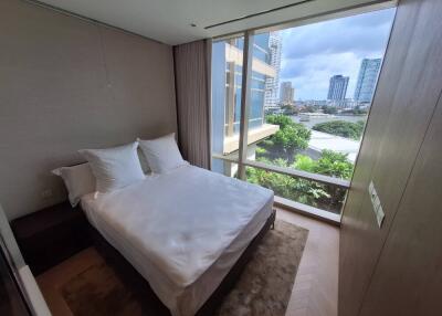 Modern bedroom with large windows and city view