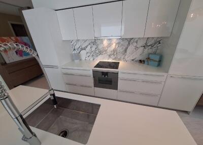 Modern kitchen with marble backsplash