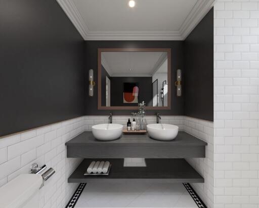 Modern bathroom with dual sinks and a large mirror