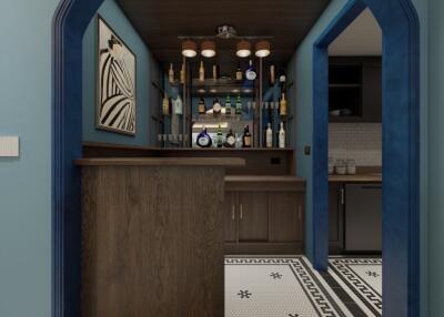 Home bar with a variety of bottles and elegant tile flooring