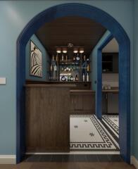 Home bar with a variety of bottles and elegant tile flooring