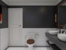 Modern bathroom with dark walls and white tiles