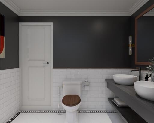 Modern bathroom with dark walls and white tiles