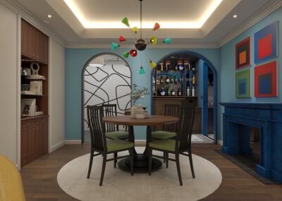 Modern dining room with colorful chandelier and wall art