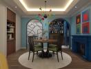 Modern dining room with colorful chandelier and wall art