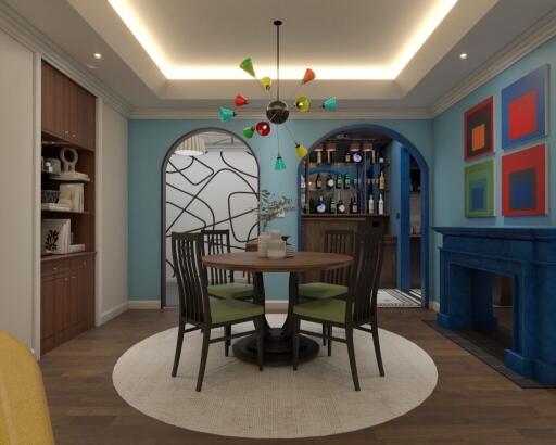 Modern dining room with colorful chandelier and wall art