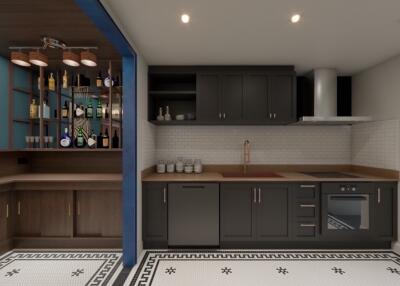 Modern kitchen with built-in appliances and stylish shelving