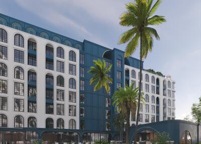 Modern apartment building exterior with palm trees