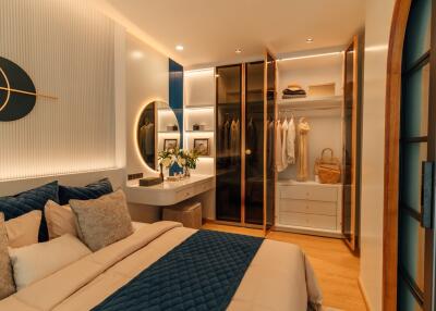 Stylish modern bedroom with walk-in closet