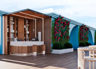 Stylish rooftop outdoor space with bar and seating area