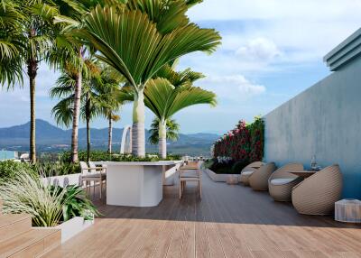 spacious outdoor terrace with modern furniture and tropical plants