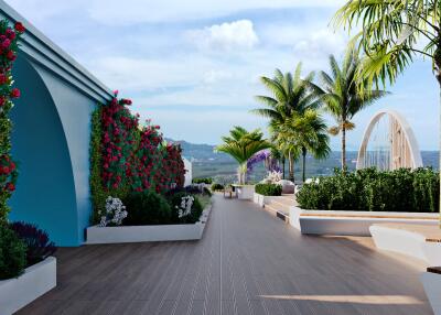 Rooftop garden with walking path