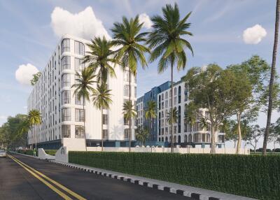 Modern residential building with palm trees