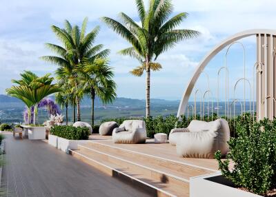 Rooftop terrace with seating area and lush landscaping