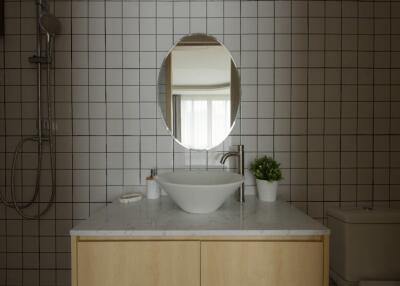 Modern bathroom with a round mirror, a vessel sink, and a plant