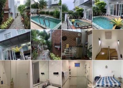 Collage of house exterior, pool, garden, and interior rooms