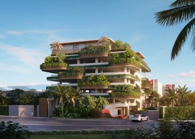 Modern apartment building with green terraces