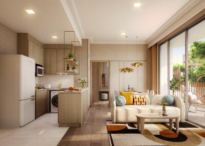 Modern open-plan living area with kitchen and balcony