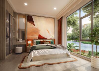 Spacious bedroom with large window and beautiful view