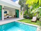 Outdoor area with pool, garden, and view into bedroom