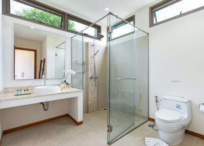 Modern bathroom with glass shower and large windows