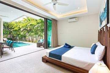 Spacious bedroom with poolside view