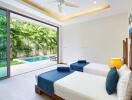 Spacious bedroom with poolside view