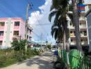 Street view with residential buildings and palm trees