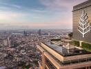 High-rise building with rooftop pool overlooking city skyline