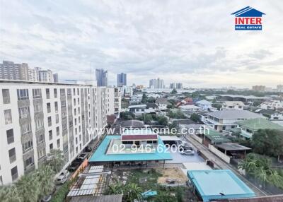 Arial view of residential buildings and swimming pool