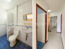 Bathroom with white fixtures and blue tile flooring