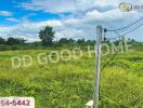 Open green land plot with electrical poles under a blue sky