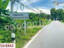 Road view with greenery along the side and a sign welcoming visitors