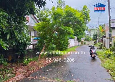 Neighborhood street view with greenery and a parked motorcycle