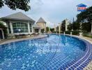 Outdoor swimming pool with nearby buildings