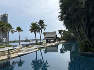 Outdoor area with a swimming pool, palm trees, and a shaded structure