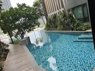 Outdoor swimming pool next to a modern building