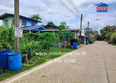 Street view of a residential area with houses and greenery