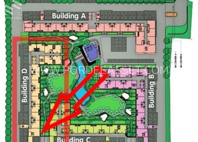 Site layout showing multiple buildings and amenities