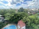 Aerial view of a property with a swimming pool and lush greenery