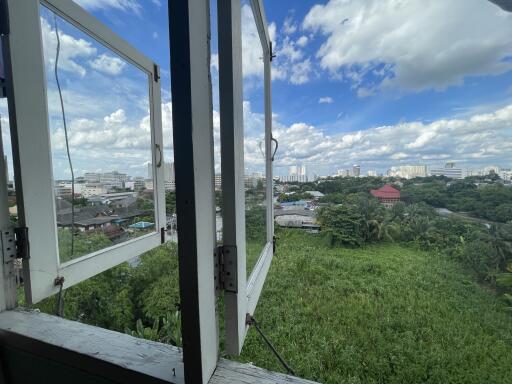 Open window view of cityscape with green vegetation