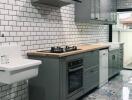 Modern kitchen with tiled floor and backsplash